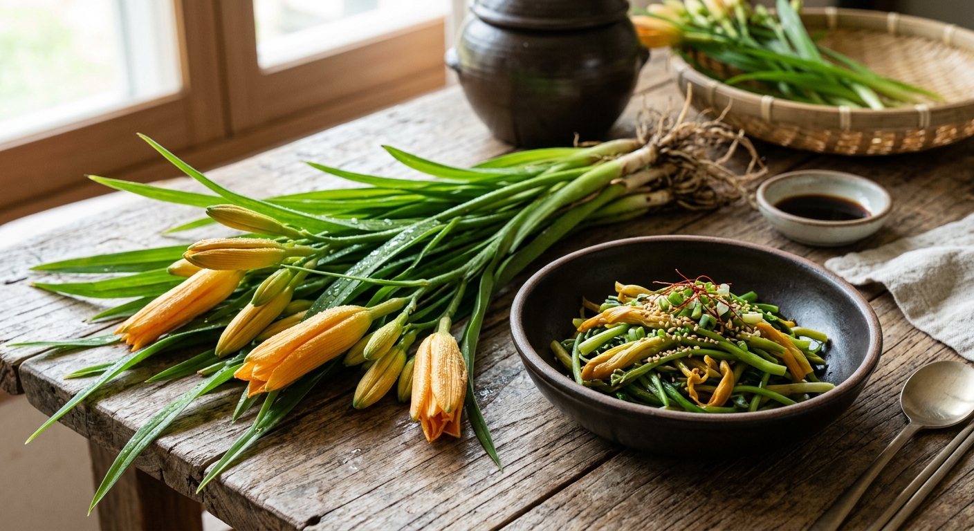 손질되지 않은 신선한 원추리 어린순을 가까이서 촬영한 모습