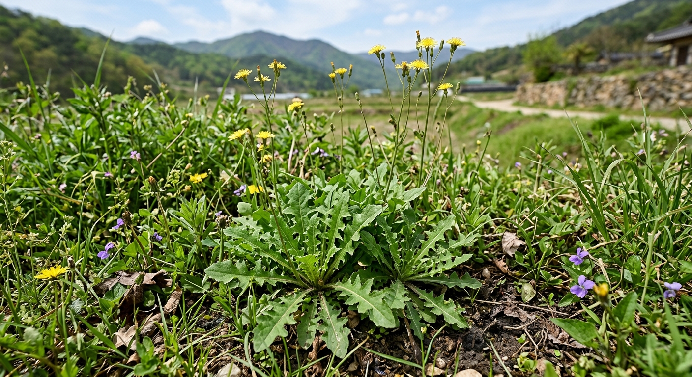 봄철 밭 가장자리에서 자라는 어린 고들빼기 잎의 모습