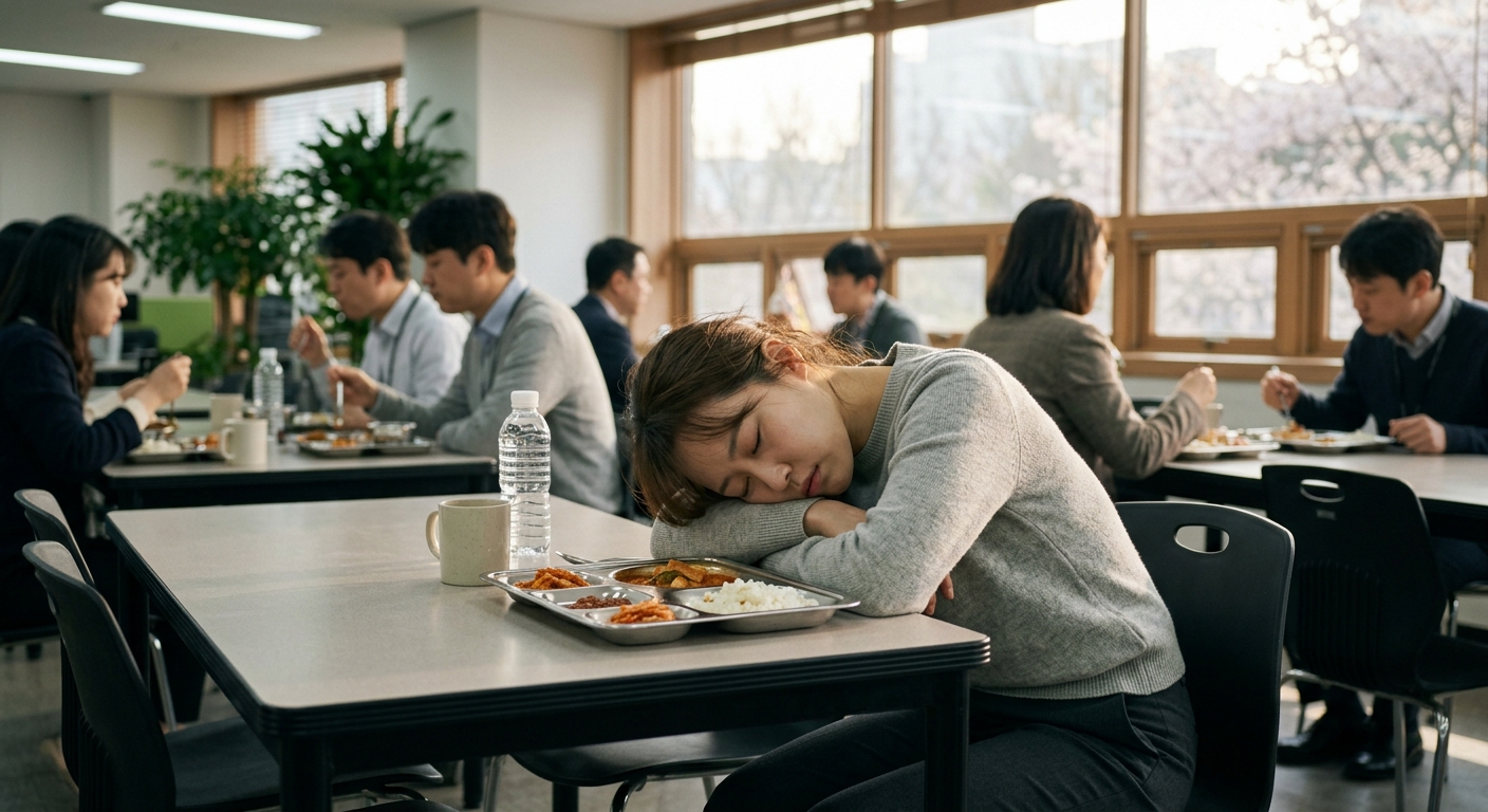 봄철 사무실에서 식후 졸음을 느끼는 직장인이 앉아 있는 모습