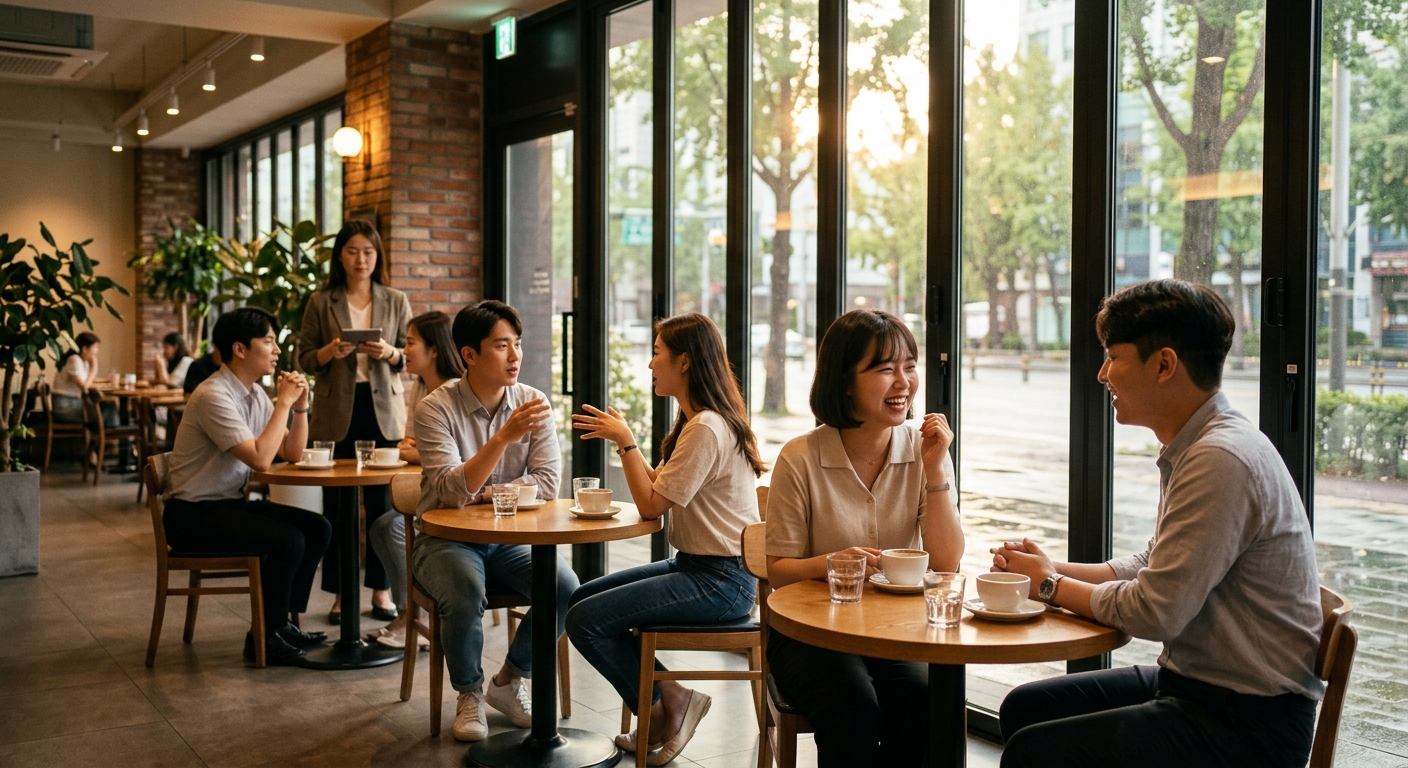카페형 공간에서 젊은 남녀가 테이블을 옮겨가며 대화하는 로테이션 소개팅 모습