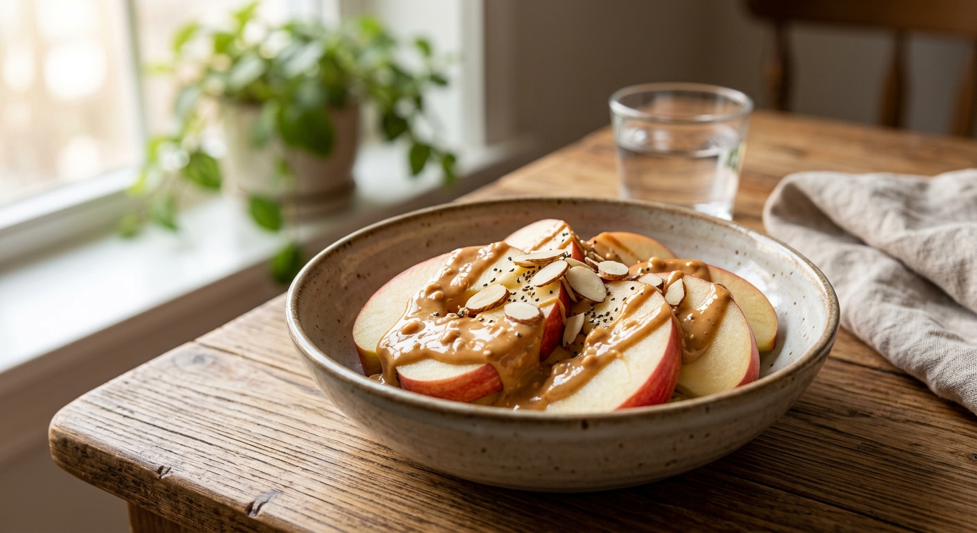 사과와 땅콩버터가 놓인 건강한 아침 식사 장면