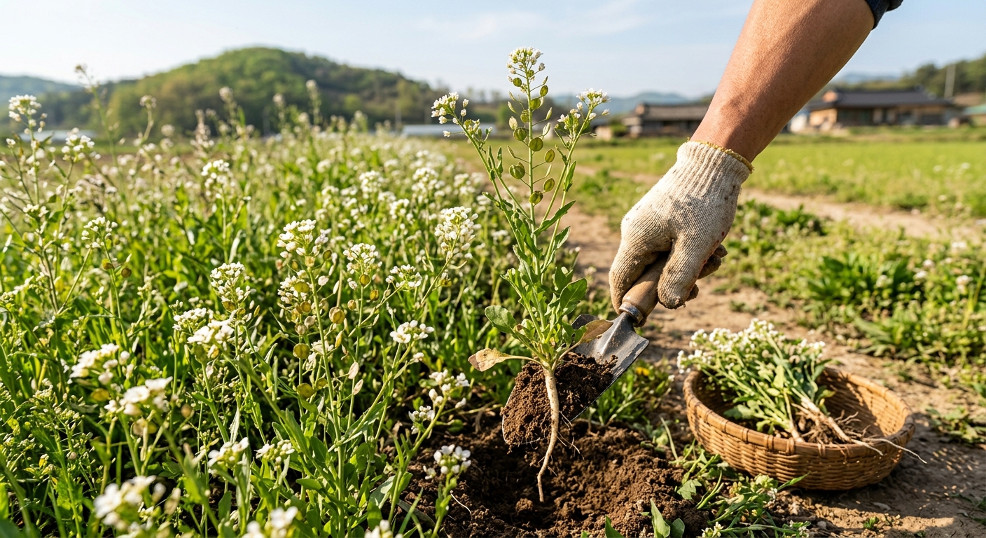 햇볕이 잘 드는 길가 흙 위에 군락으로 자라는 어린 말냉이 모습