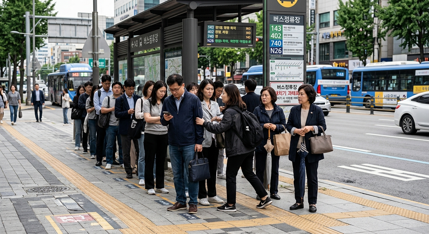 출근 시간대 버스정류장에서 질서 있게 줄을 서 있는 시민들