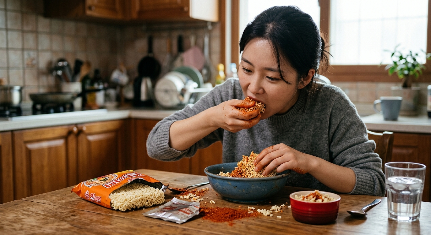 잘게 부순 생라면을 손으로 집어 먹는 장면