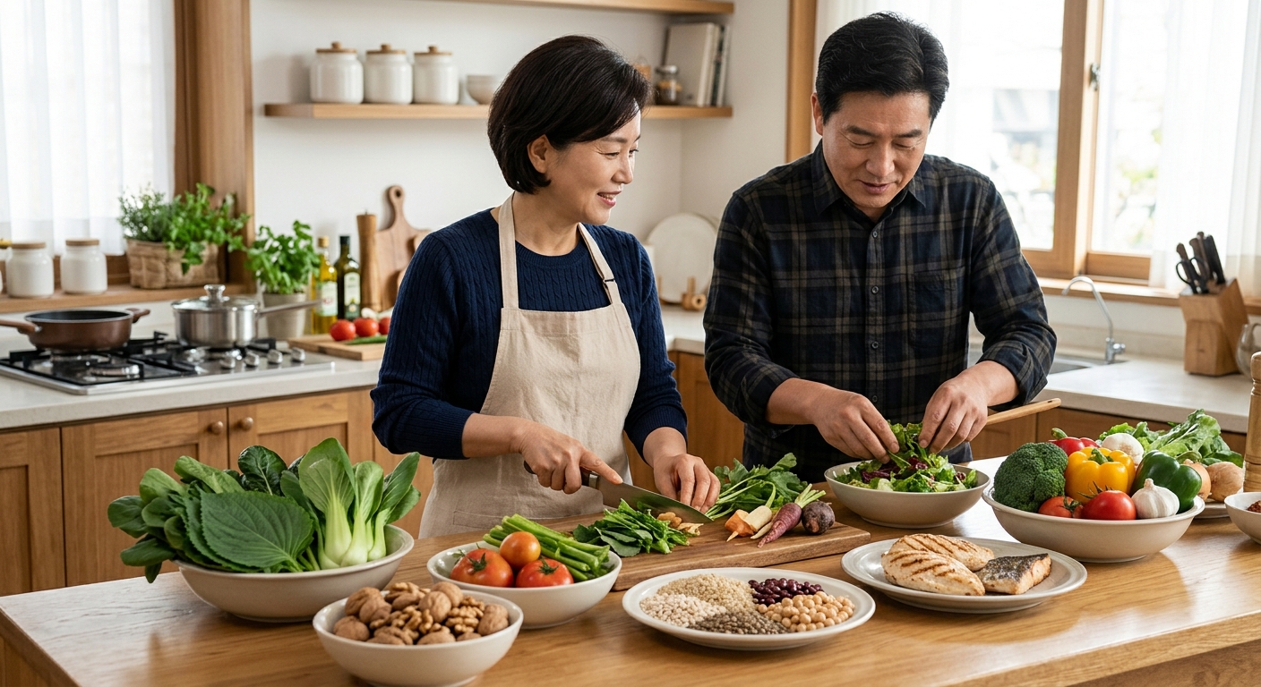 견과류와 함께 무, 양파, 감자가 놓인 혈당 관리 식재료 구성
