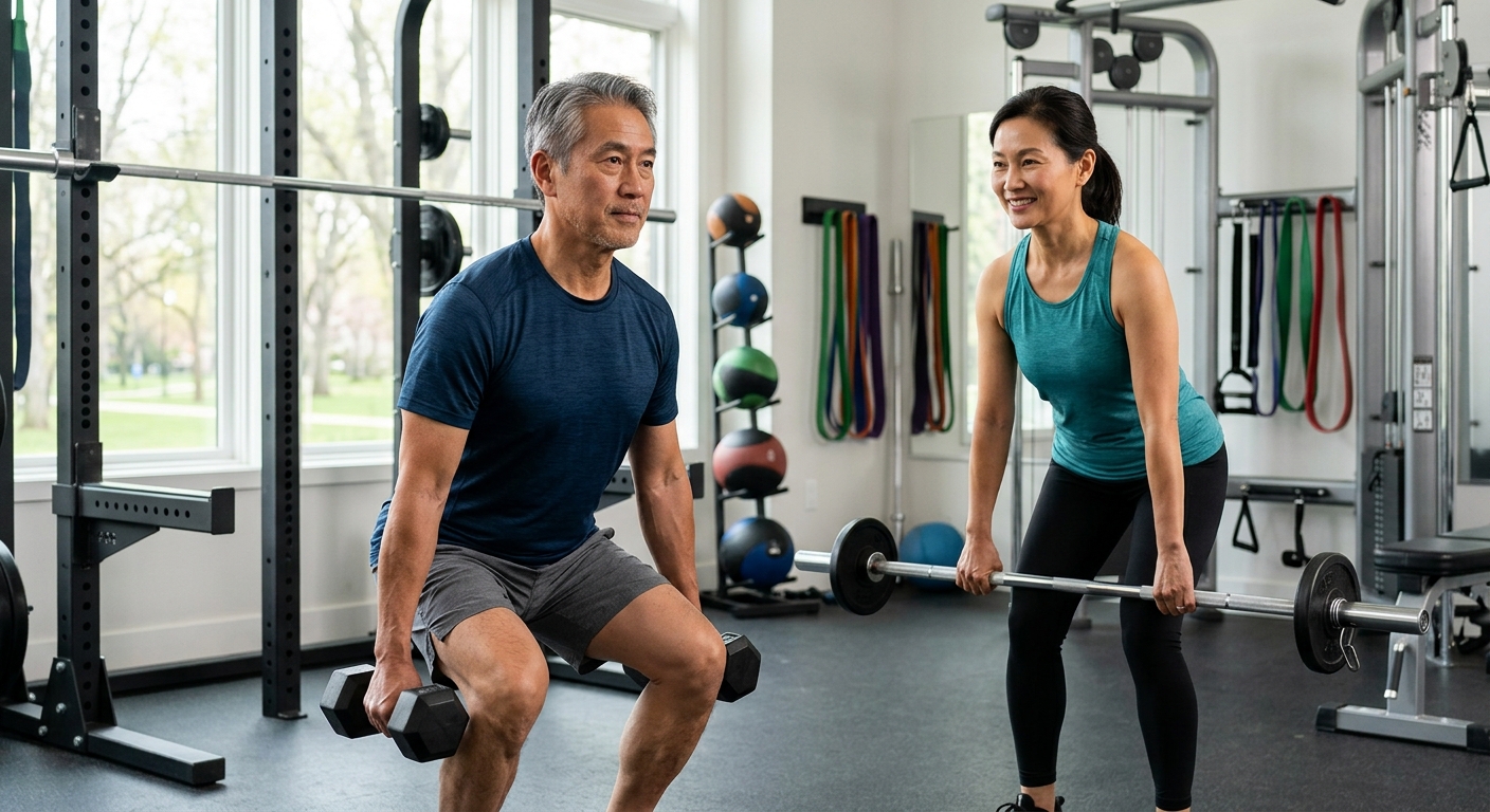 거실에서 가볍게 스트레칭하며 근력 운동을 준비하는 중년 남녀의 모습