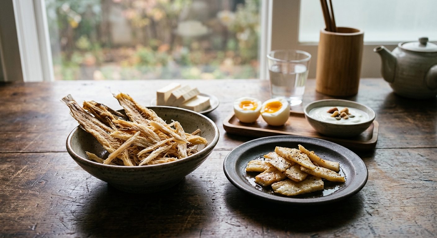 아침 식탁 위에 놓인 담백한 단백질 식품과 따뜻한 차