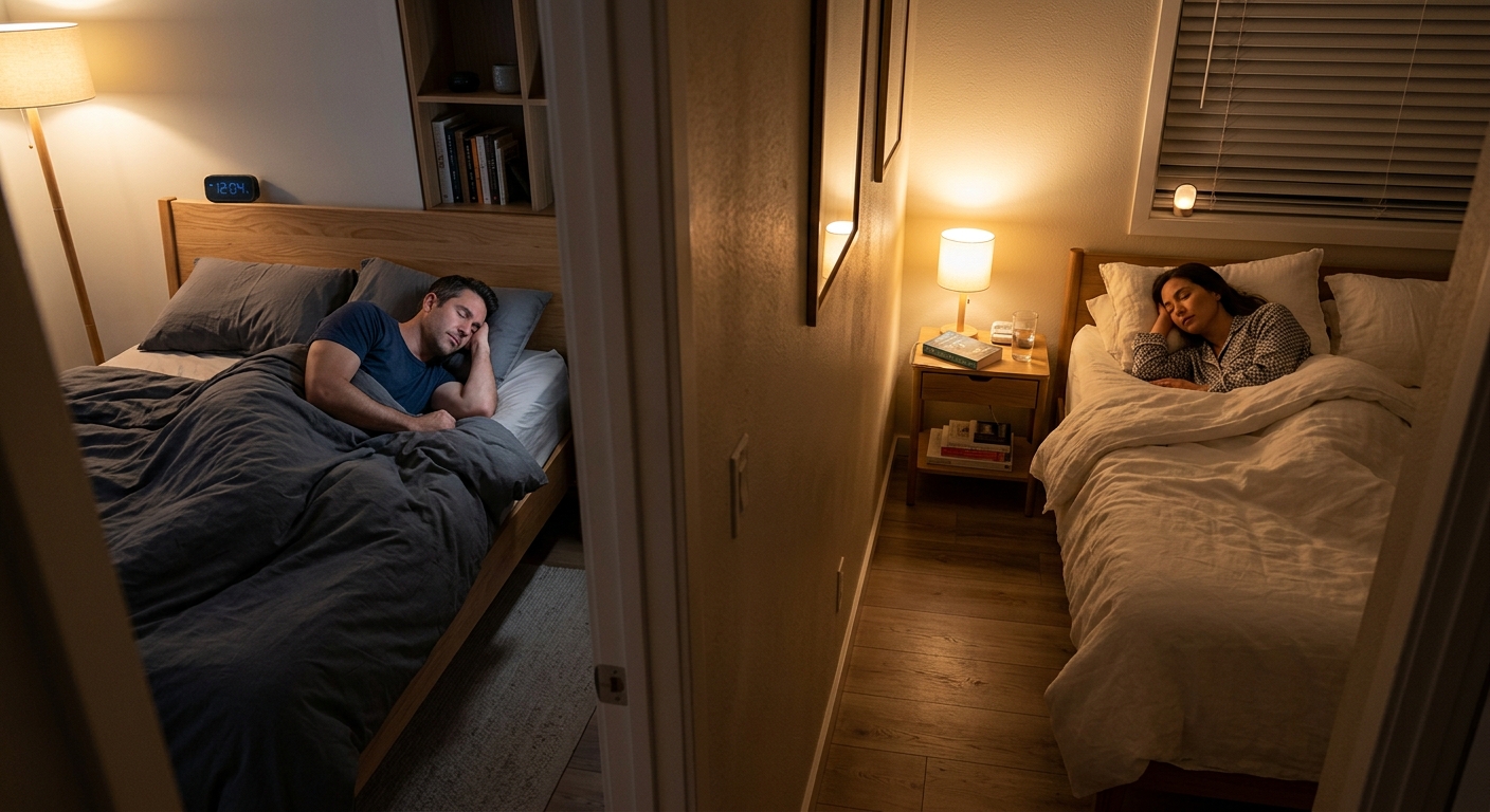 서로 다른 수면 습관을 가진 부부가 각자 편안한 침실을 선택하는 장면