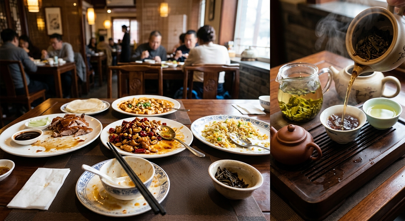 짜장면과 탕수육이 놓인 식탁 위 중국음식 사진