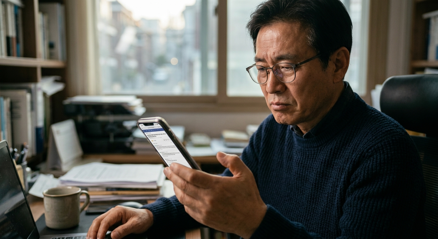 스마트폰으로 정치 기사를 읽으며 댓글 반응을 살펴보는 이용자의 모습