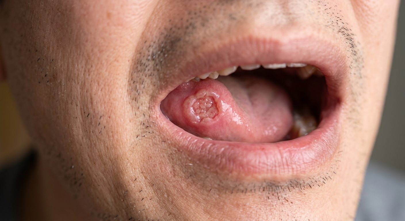 입안 궤양을 거울로 확인하는 사람의 모습