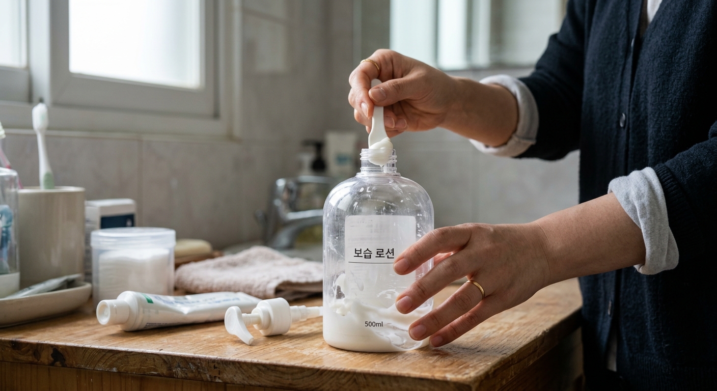 펌프가 잘 나오지 않는 로션통을 손에 들고 확인하는 모습