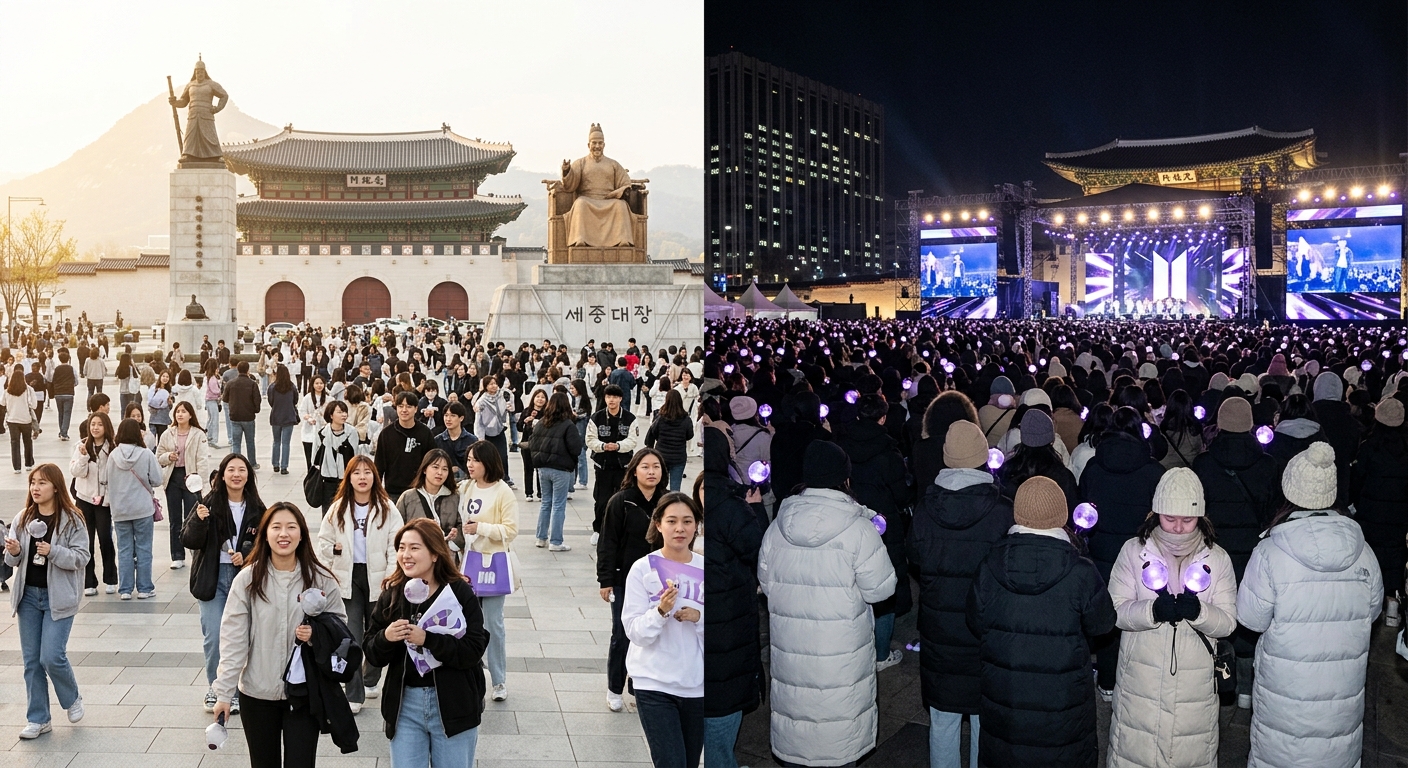 광화문 광장 공연 당일 낮과 밤의 기온 차를 보여주는 봄철 야외 분위기