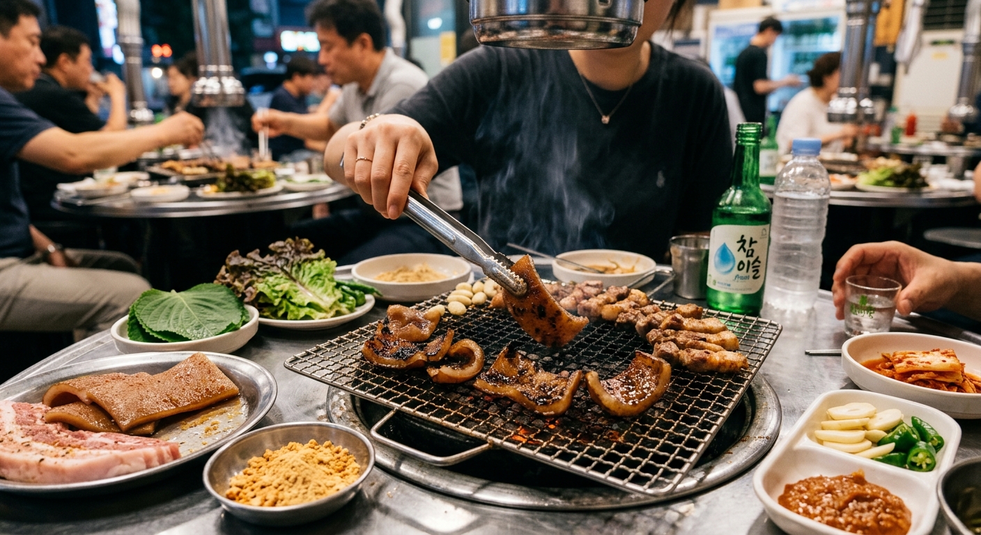 숯불 위에서 구워지는 돼지껍데기와 기름이 올라오는 장면