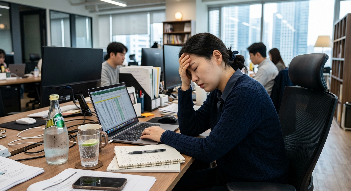 사무실 책상 앞에서 피곤한 표정으로 노트북을 보는 직장인의 모습