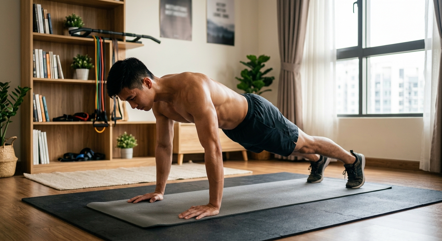 거실 매트 위에서 전신 협응을 활용한 맨몸 운동을 하는 사람