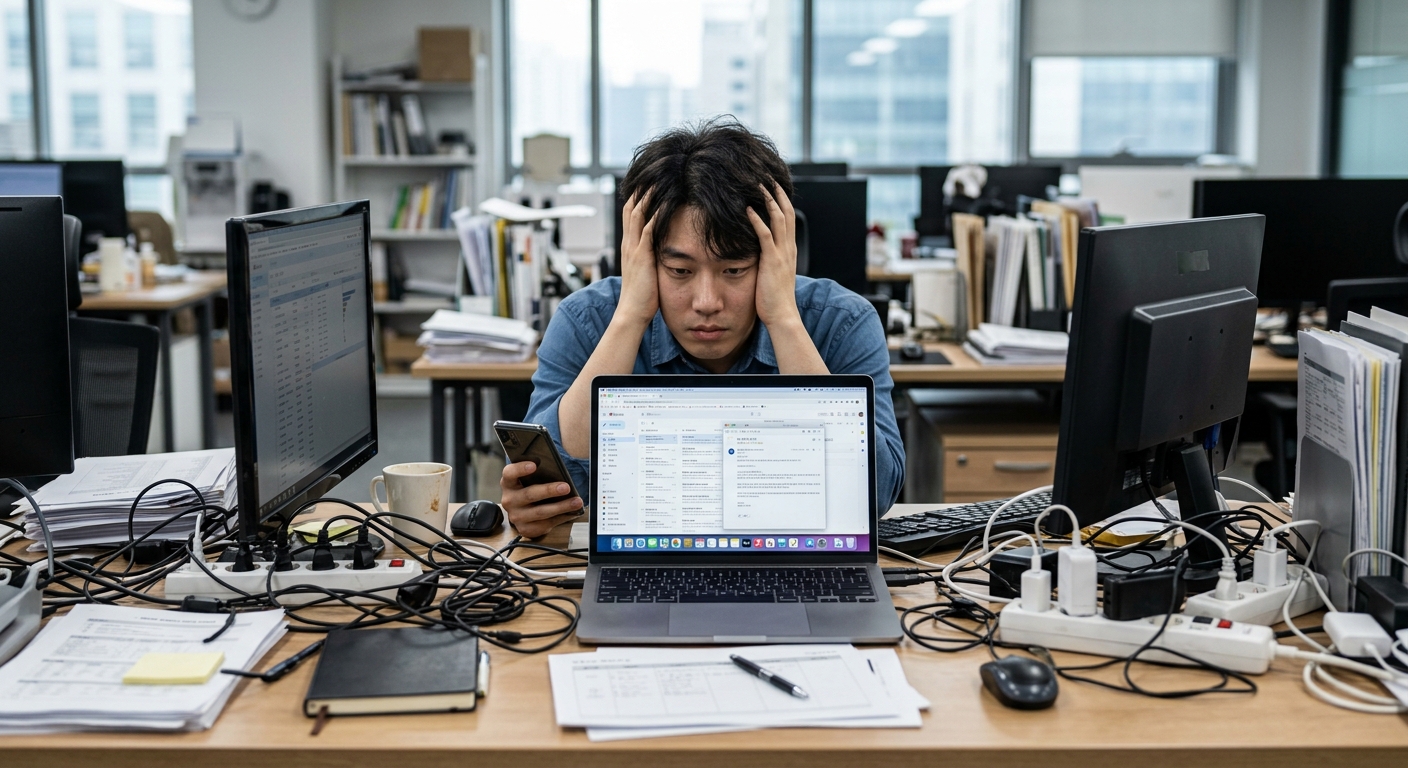 노트북과 스마트폰, 태블릿을 동시에 사용하며 피로해하는 사람의 모습