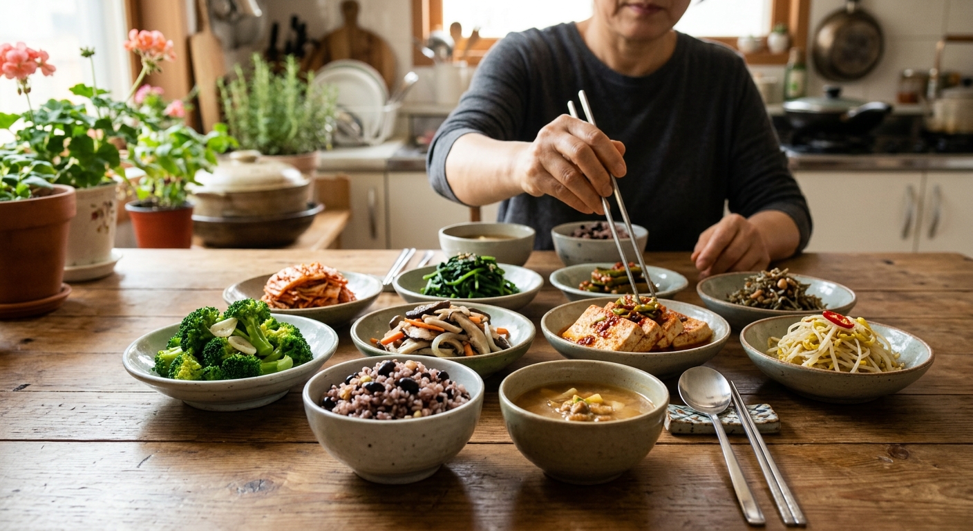 다양한 채소 반찬이 차려진 건강한 한식 식탁