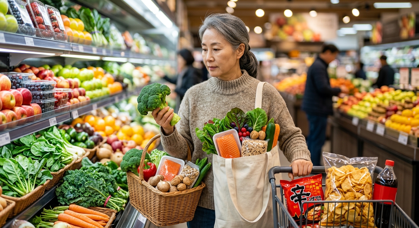 채소와 견과류, 물이 놓인 건강한 식탁을 바라보는 중장년층의 모습