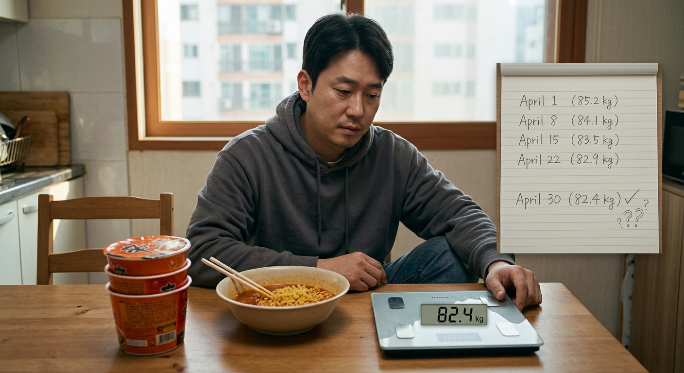 식탁 위 라면과 체중계를 함께 놓고 고민하는 다이어트 상황