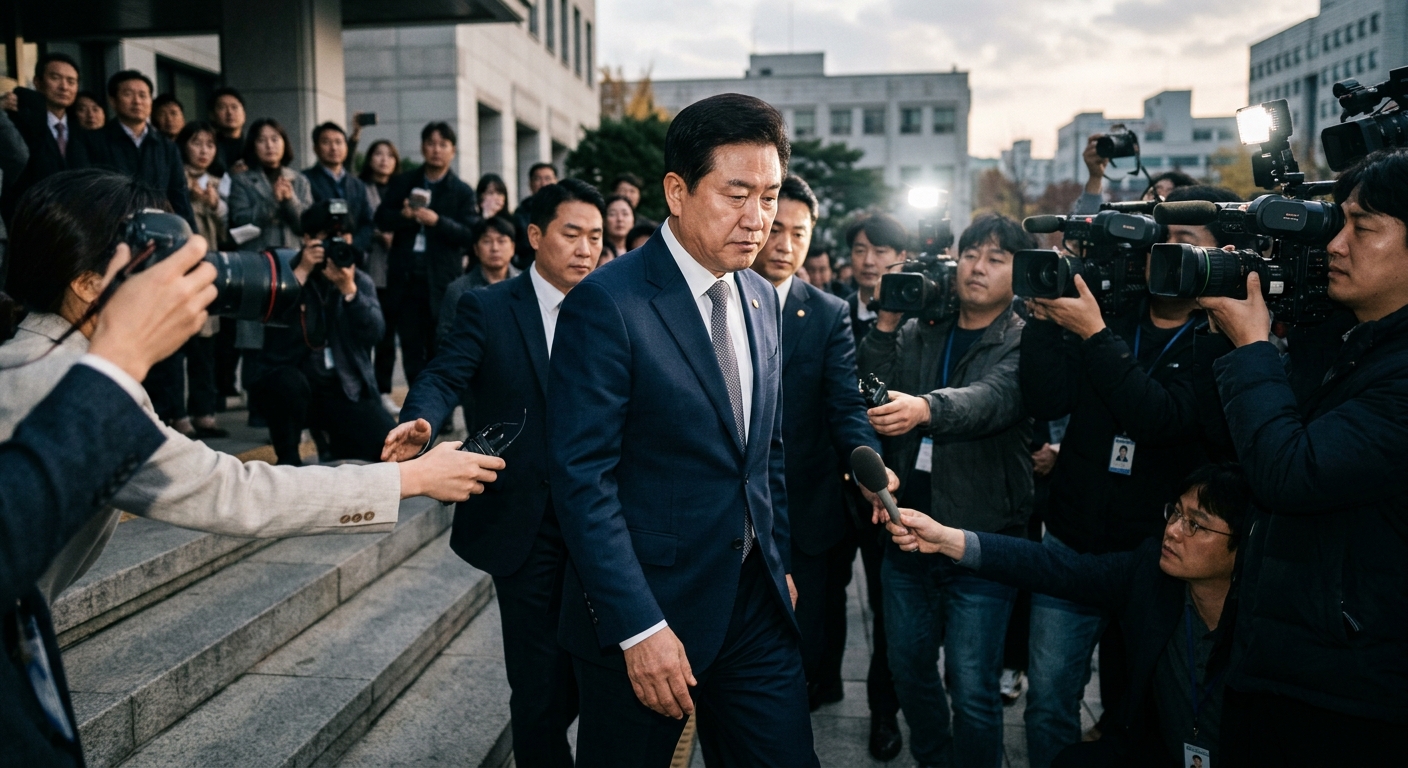 현직 도지사 관련 구속영장 이슈를 상징하는 관공서와 수사 분위기 이미지