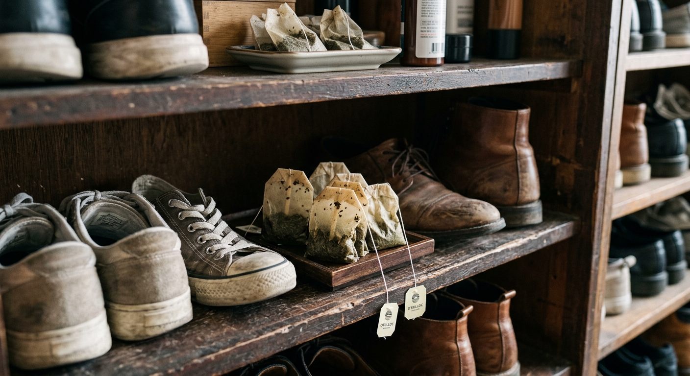 신발장 안에 말린 녹차 티백을 두어 냄새와 습기를 관리하는 장면