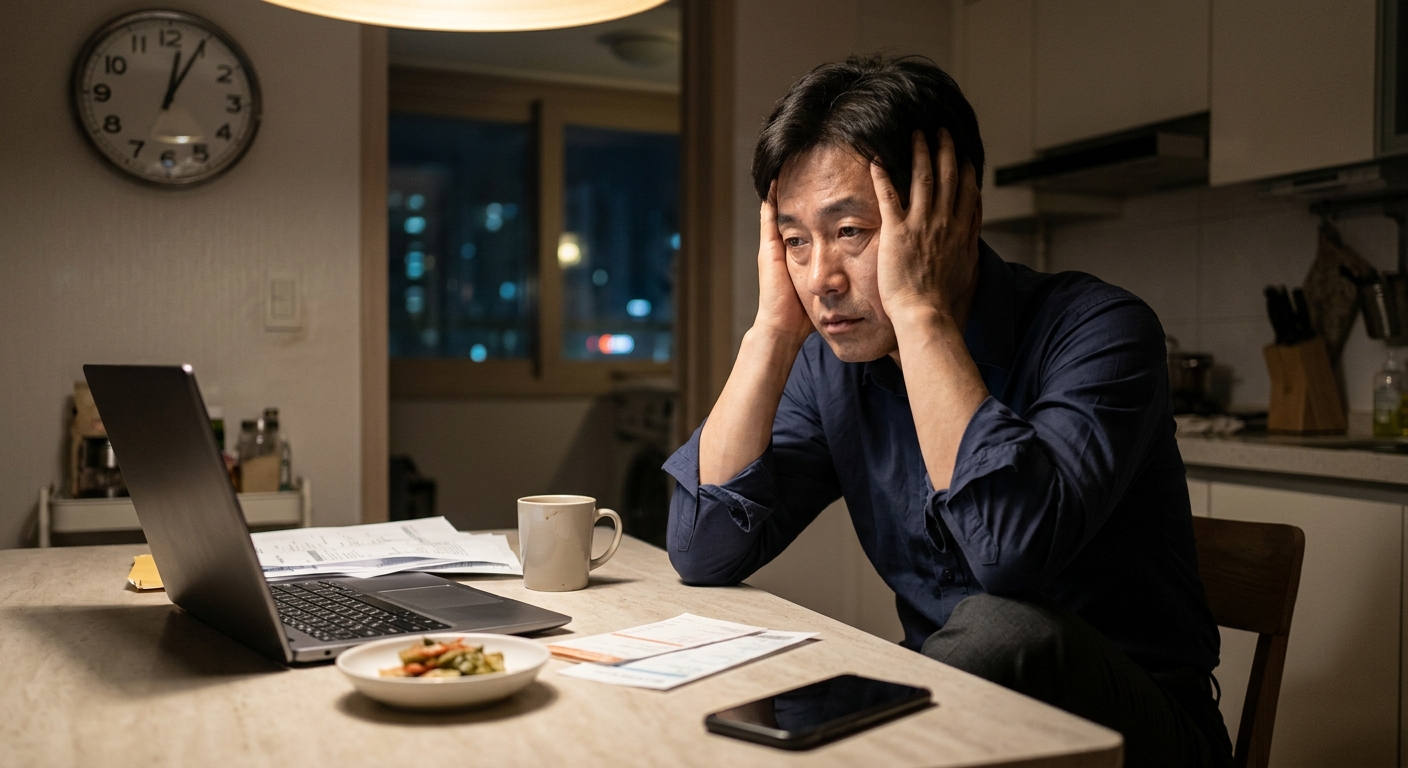 하루 종일 바쁘게 일한 뒤 허탈한 표정으로 앉아 있는 40대 50대 중년