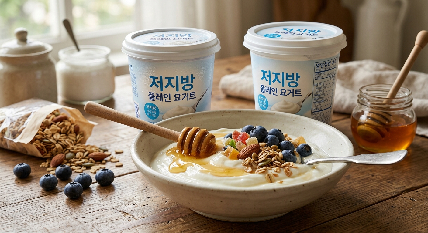 저지방 요거트 제품의 영양성분표를 확인하는 손