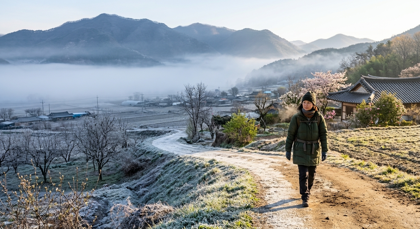 아침에는 차갑고 낮에는 따뜻한 봄철 도심 거리 풍경