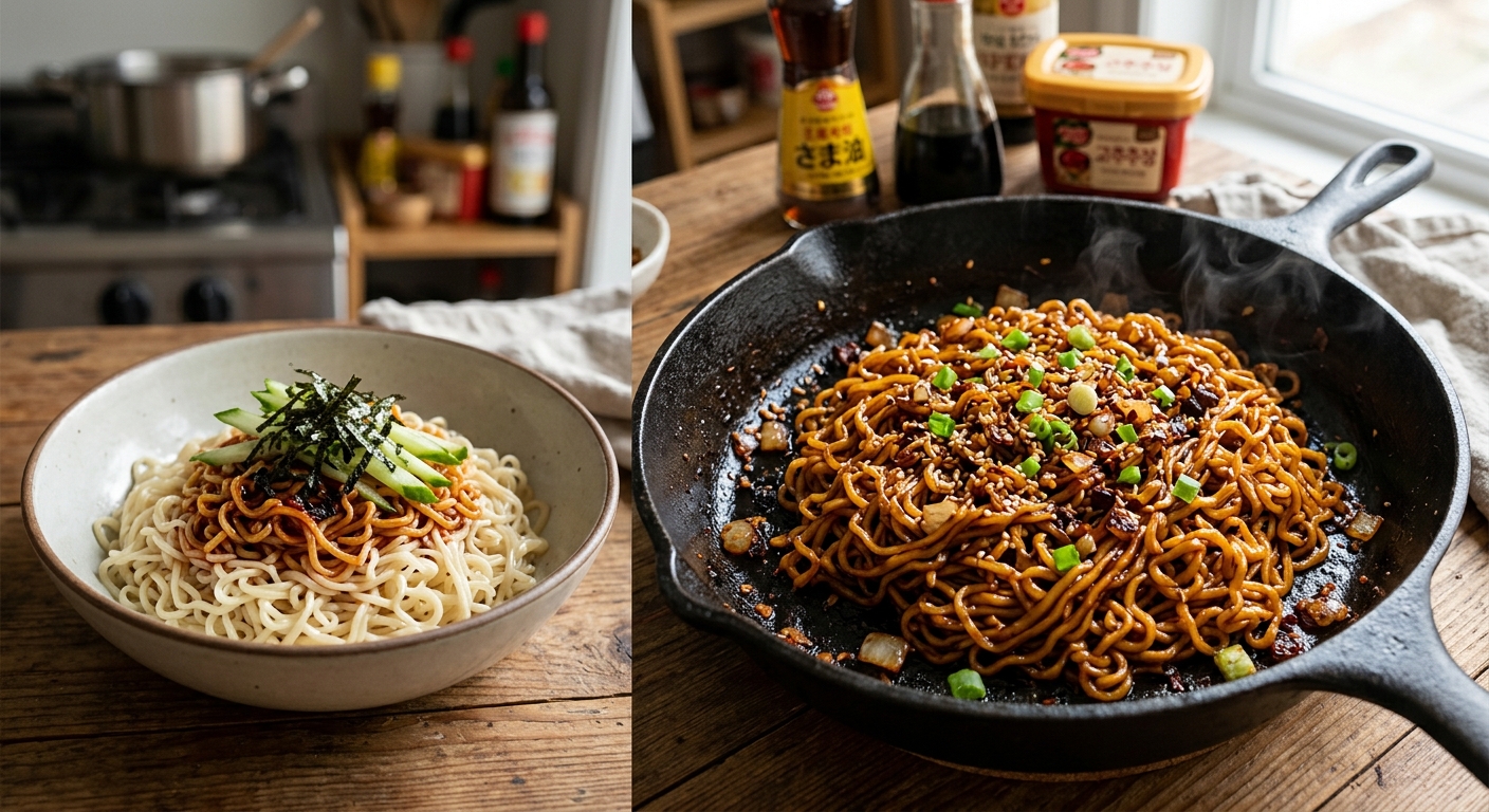 팬에 볶아 소스가 면에 진하게 코팅된 비빔라면 모습