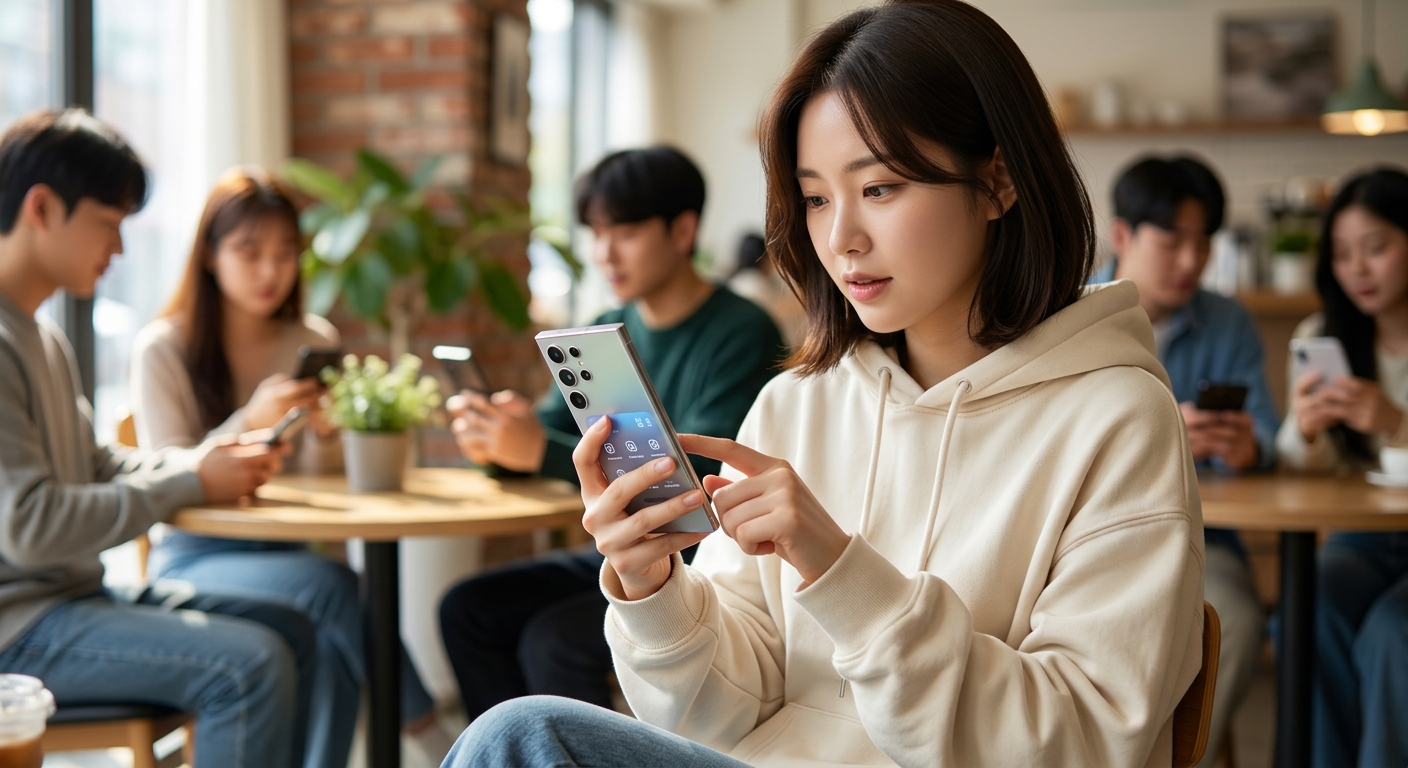 카페에서 스마트폰 기능을 비교하며 선택하는 Z세대 사용자 모습