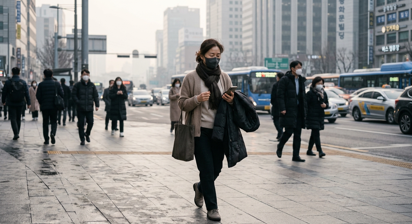 일교차가 큰 날씨를 보여주는 초봄 도심 거리와 맑은 하늘