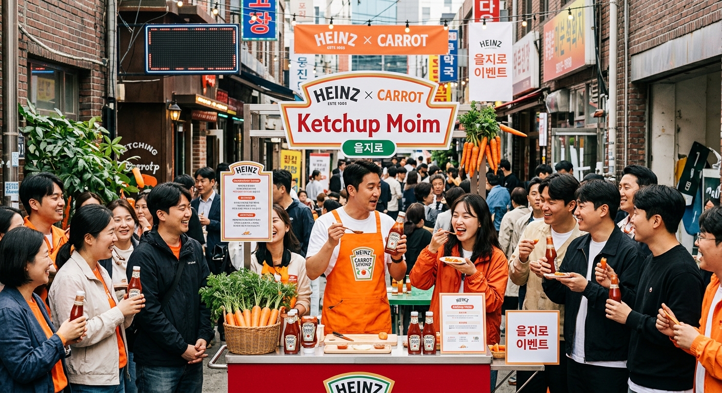 하인즈 케첩과 다양한 음식이 놓인 테이블에서 사람들이 대화하는 커뮤니티 이벤트 분위기