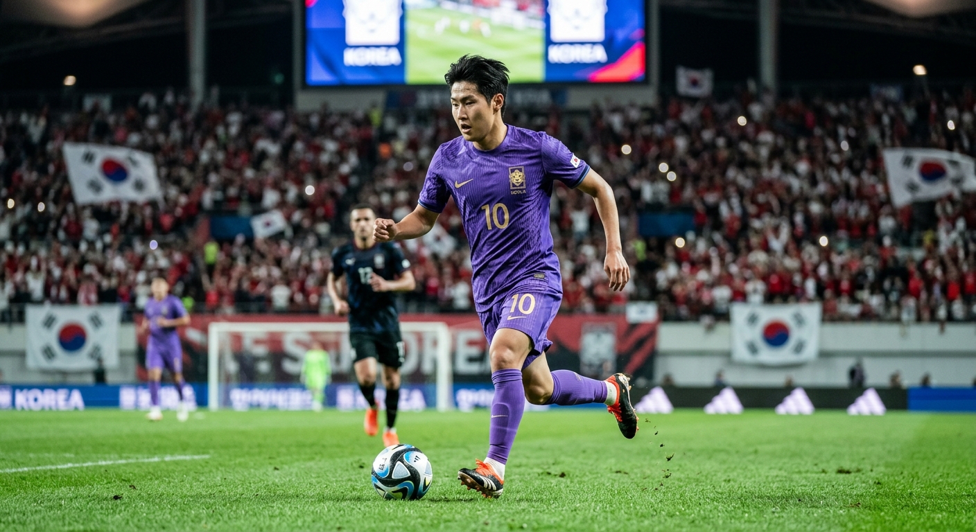 보라색 메인 컬러가 적용된 한국 축구 대표팀 어웨이 유니폼 모습