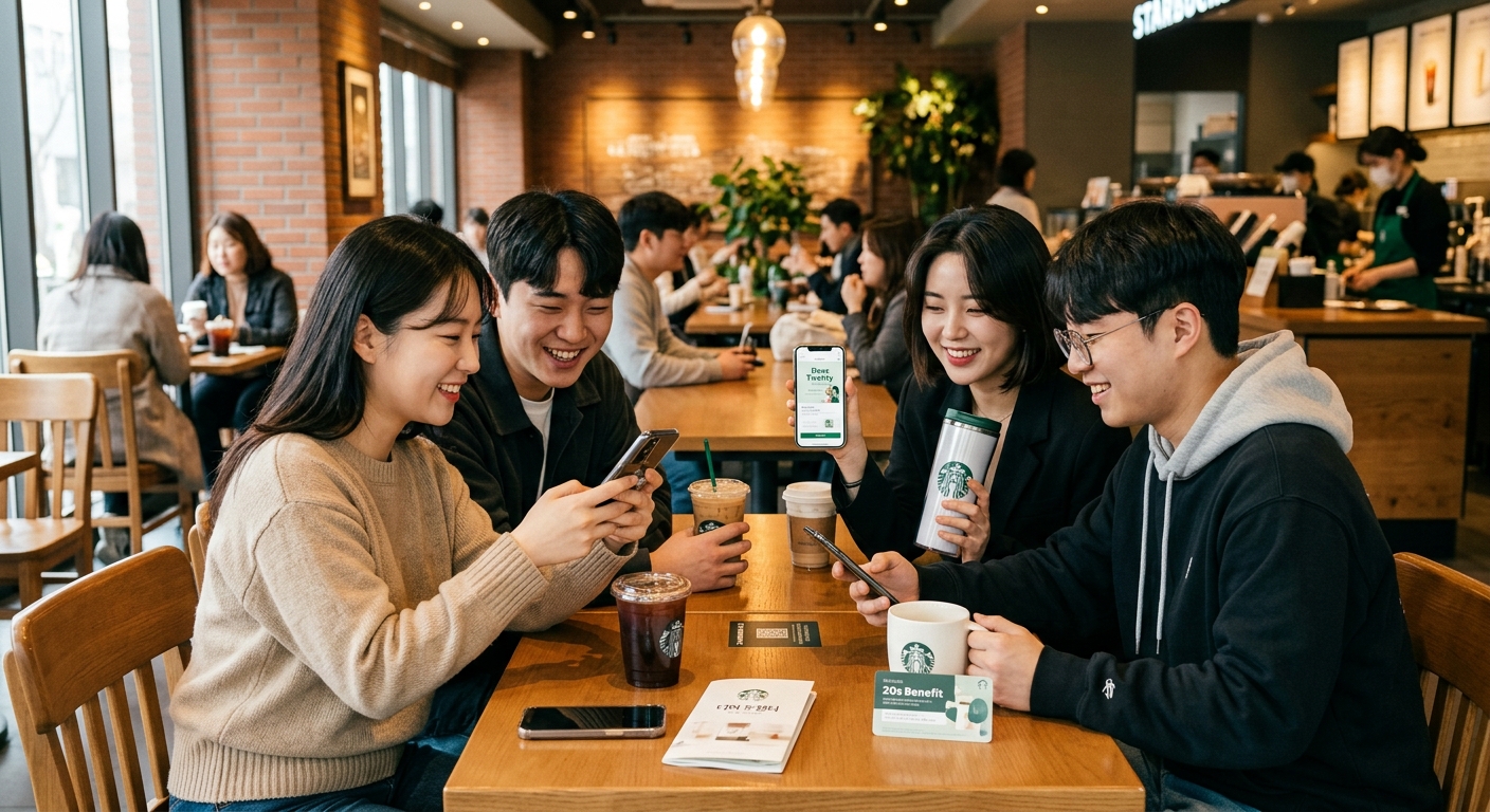 스타벅스 매장에서 음료를 들고 모바일 앱을 확인하는 20대 고객 모습