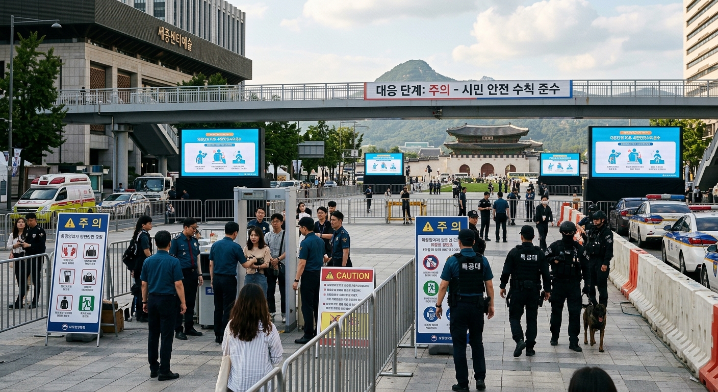 서울 광화문 광장 주변에서 보안과 순찰이 강화된 도심 풍경