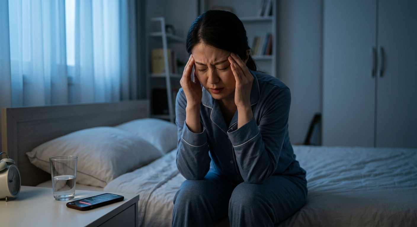 아침에 침대에 앉아 두통을 호소하는 중장년층 인물