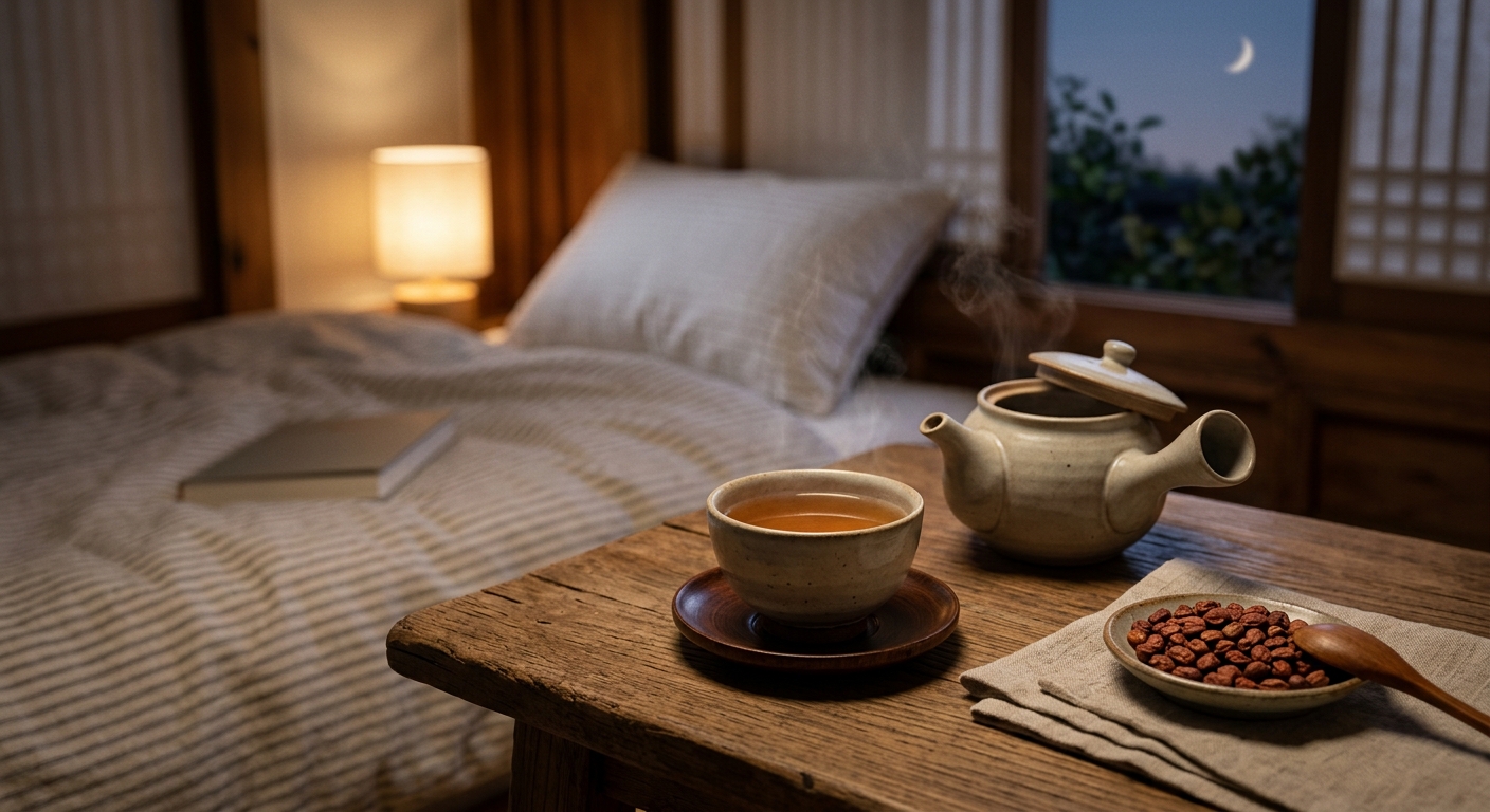 볶은 산조인과 따뜻한 차가 함께 놓인 수면 루틴 이미지