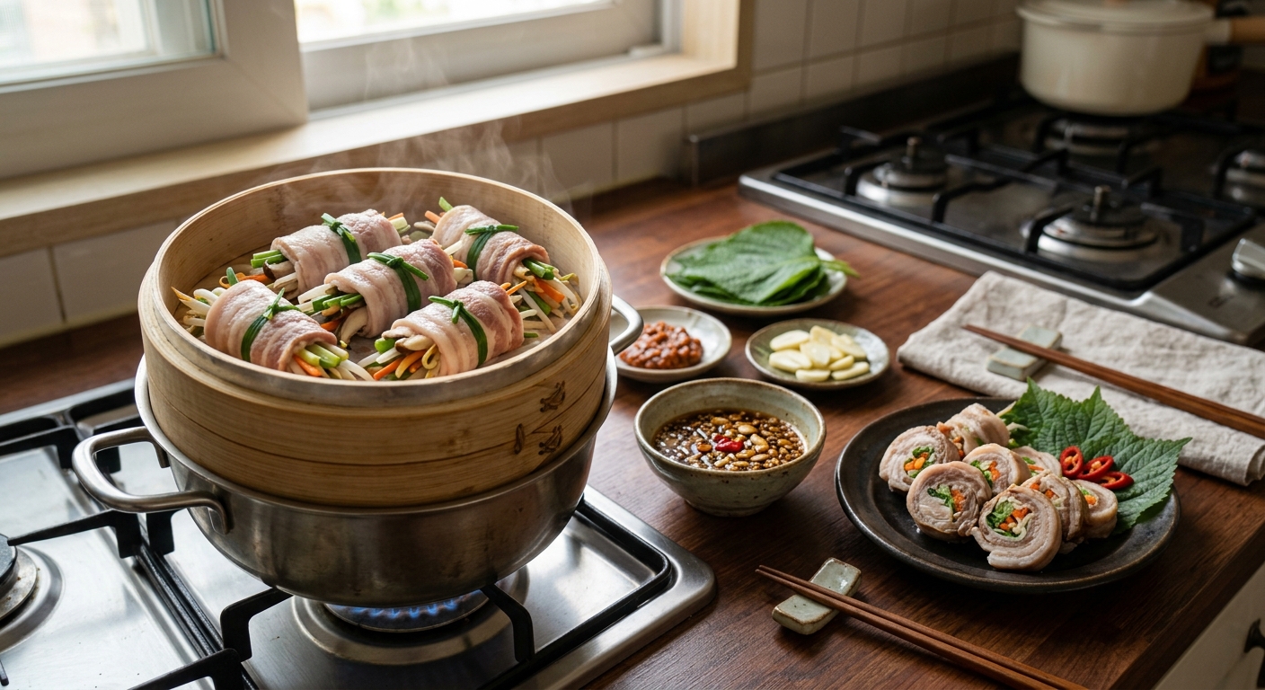 미나리와 우엉을 넣어 돌돌 만 삼겹살말이를 찜으로 완성한 모습