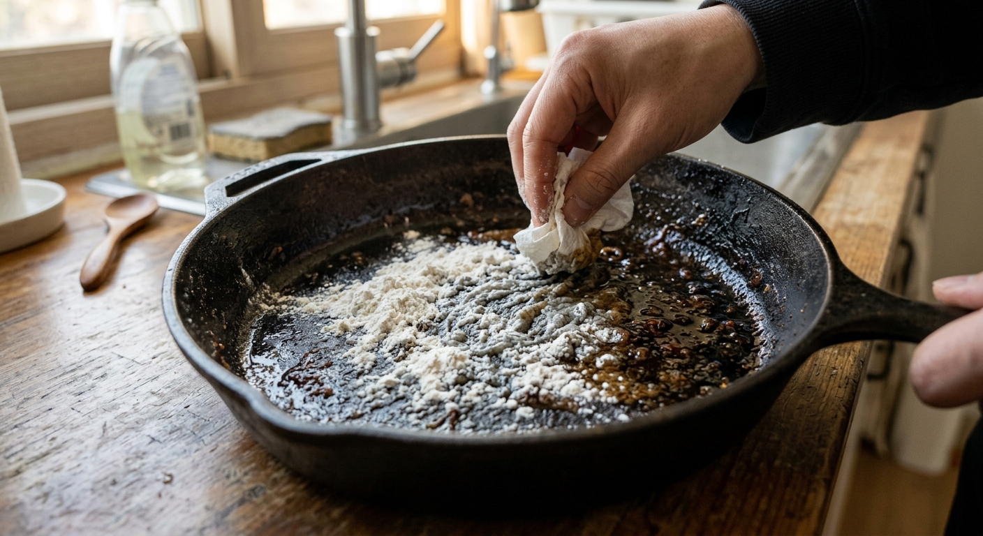 기름진 프라이팬에 밀가루를 뿌리자 가루가 기름을 머금고 뭉치는 모습