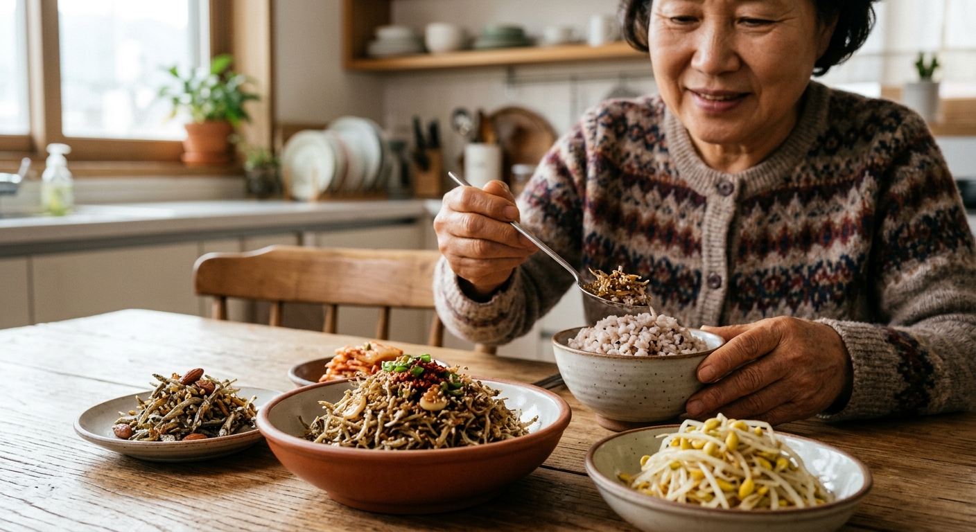 뼈 건강 식단과 함께 놓인 칼슘이 풍부한 반찬들