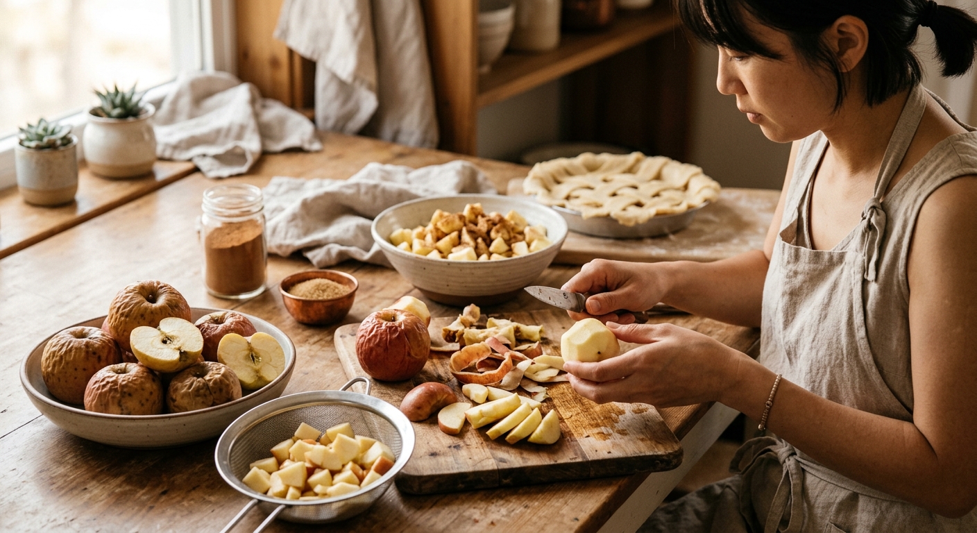 껍질을 벗긴 사과를 일정한 두께로 썰어 준비하는 과정