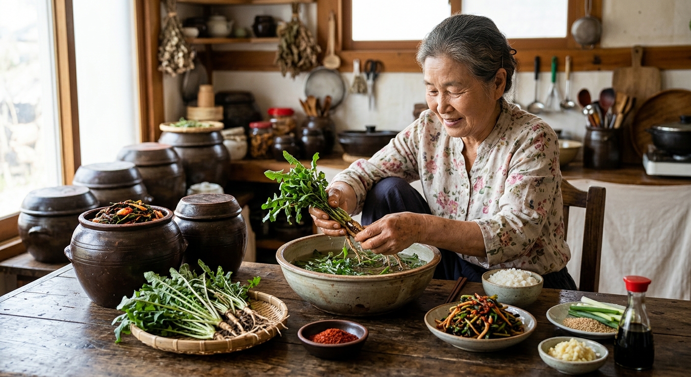 손질한 고들빼기를 접시에 담아 쓴맛과 향을 강조한 모습