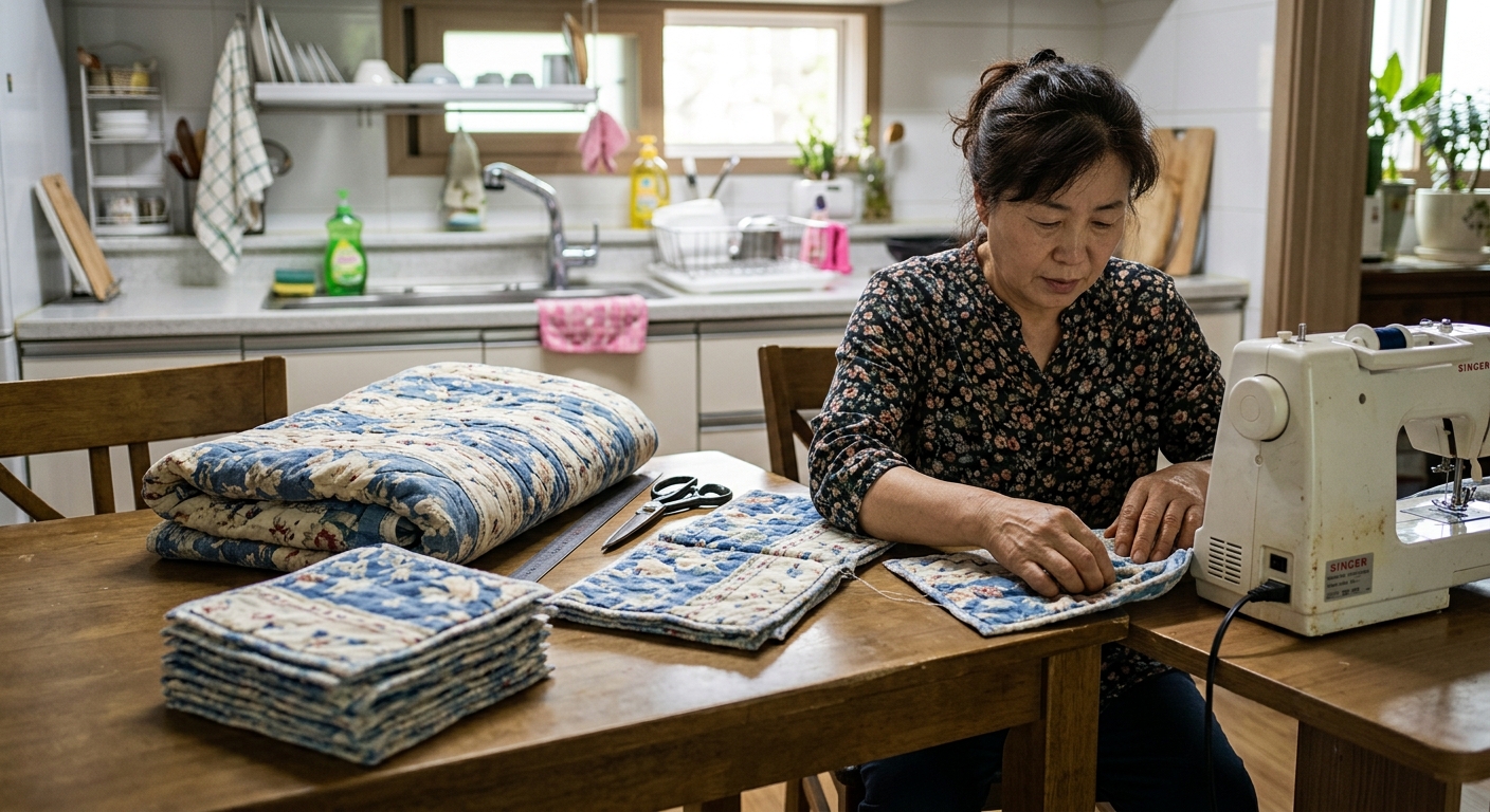 작은 크기로 재단한 헌 이불 조각을 청소와 정리에 활용한 모습