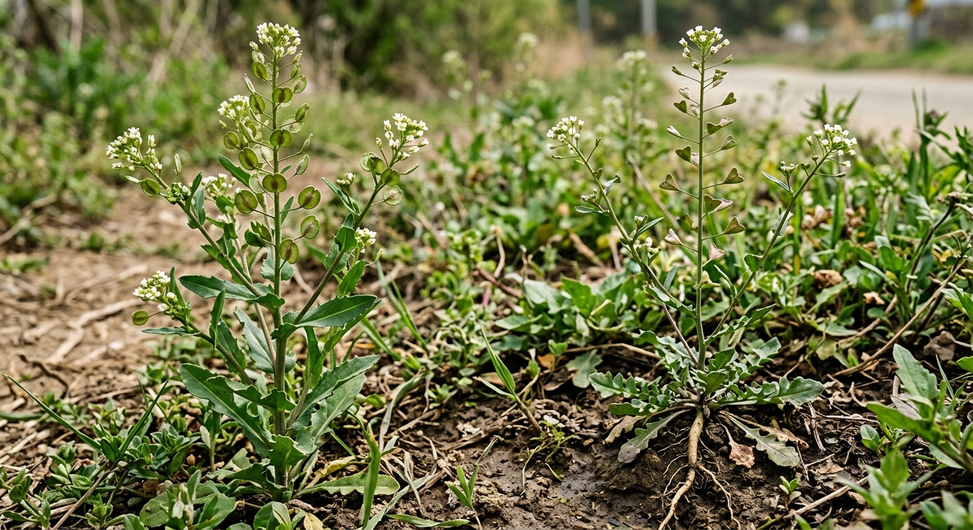 줄기를 감싸는 잎과 납작한 원형 열매가 달린 말냉이 확대 사진