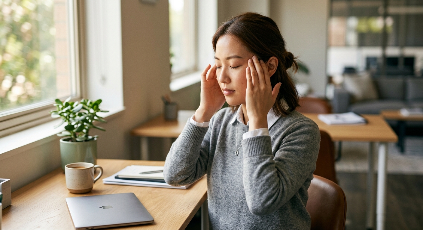 귀 마사지와 관자놀이 마사지를 하는 사람의 클로즈업 장면