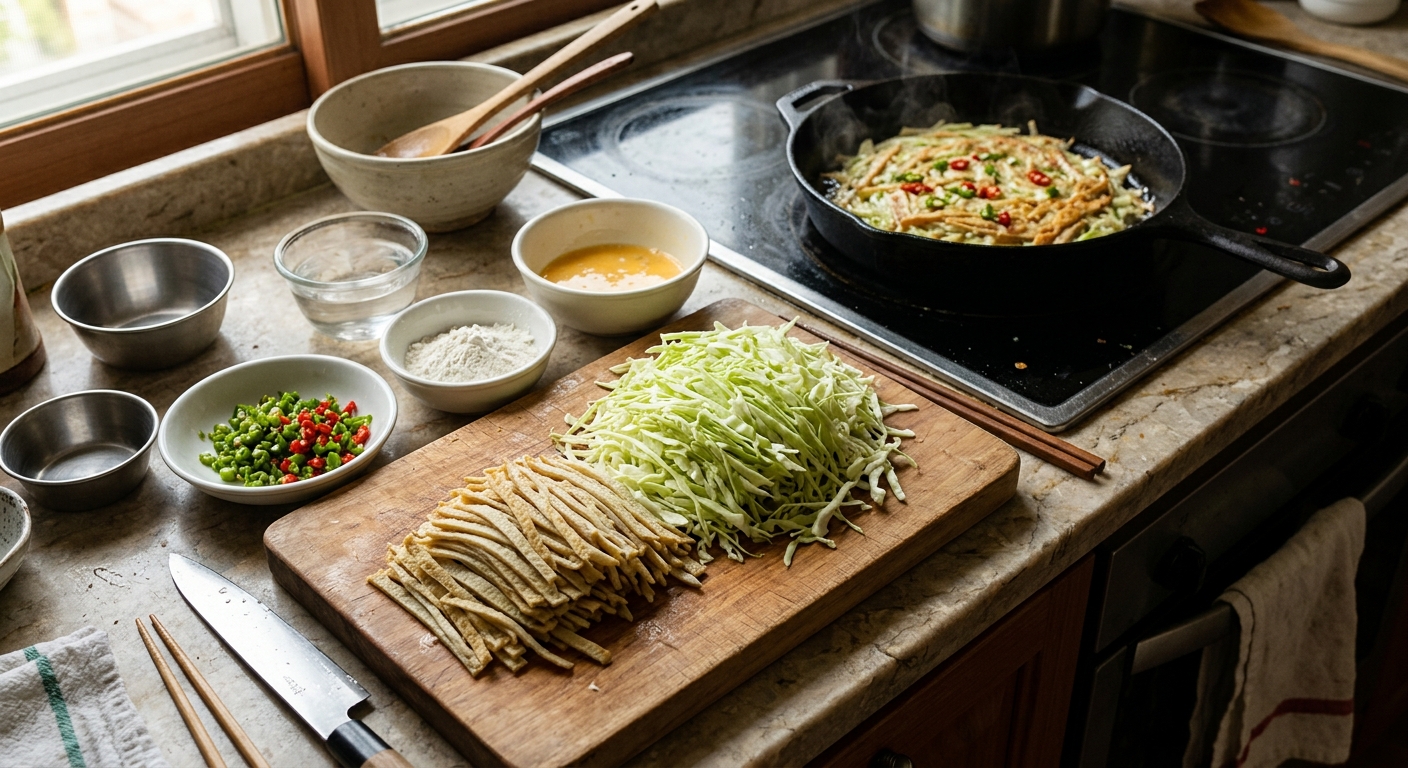 도마 위에 얇게 썬 양배추와 어묵이 가지런히 놓인 모습