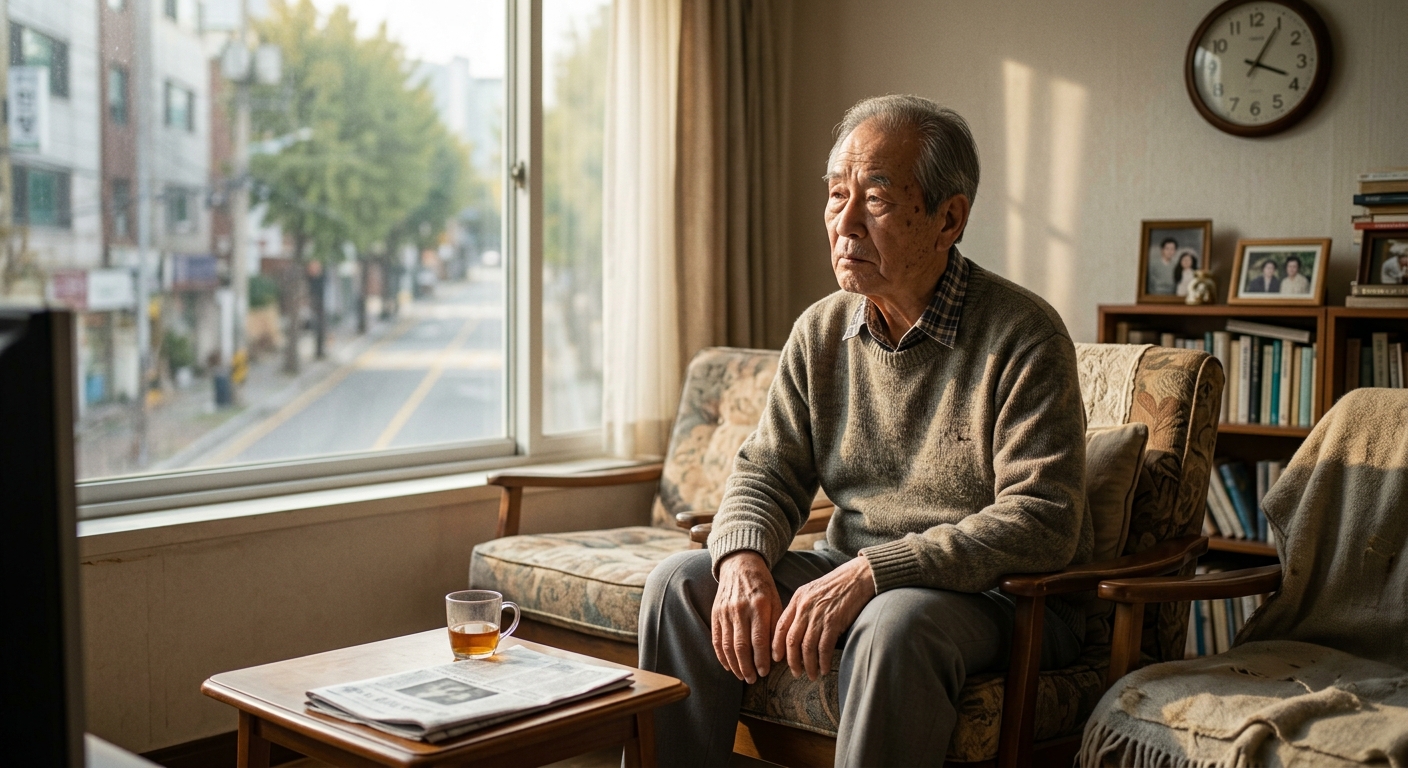 빈 공원 벤치에 홀로 앉아 있는 고령자의 쓸쓸한 뒷모습