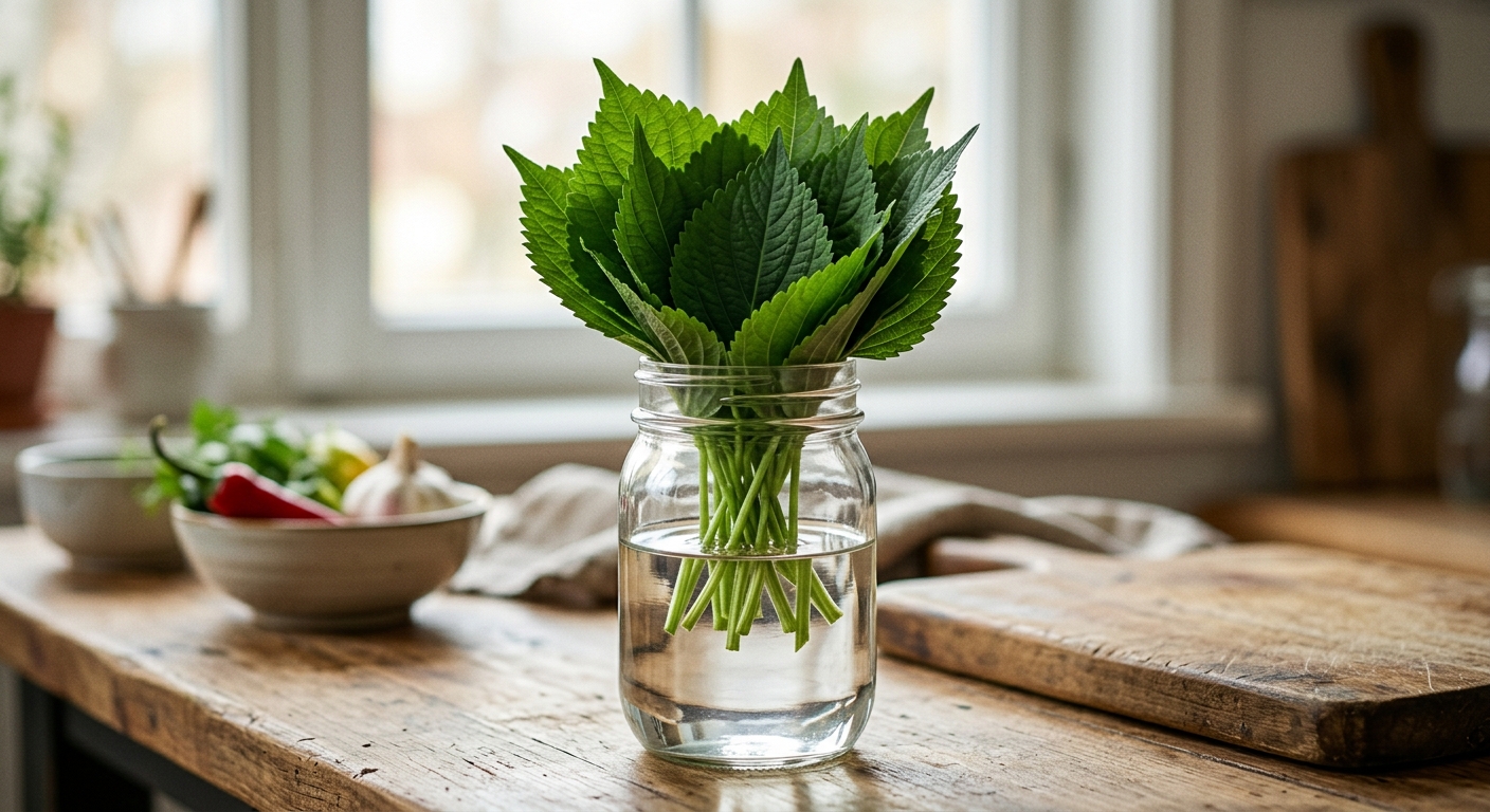 컵에 세운 깻잎의 잎자루만 물에 담긴 보관 모습