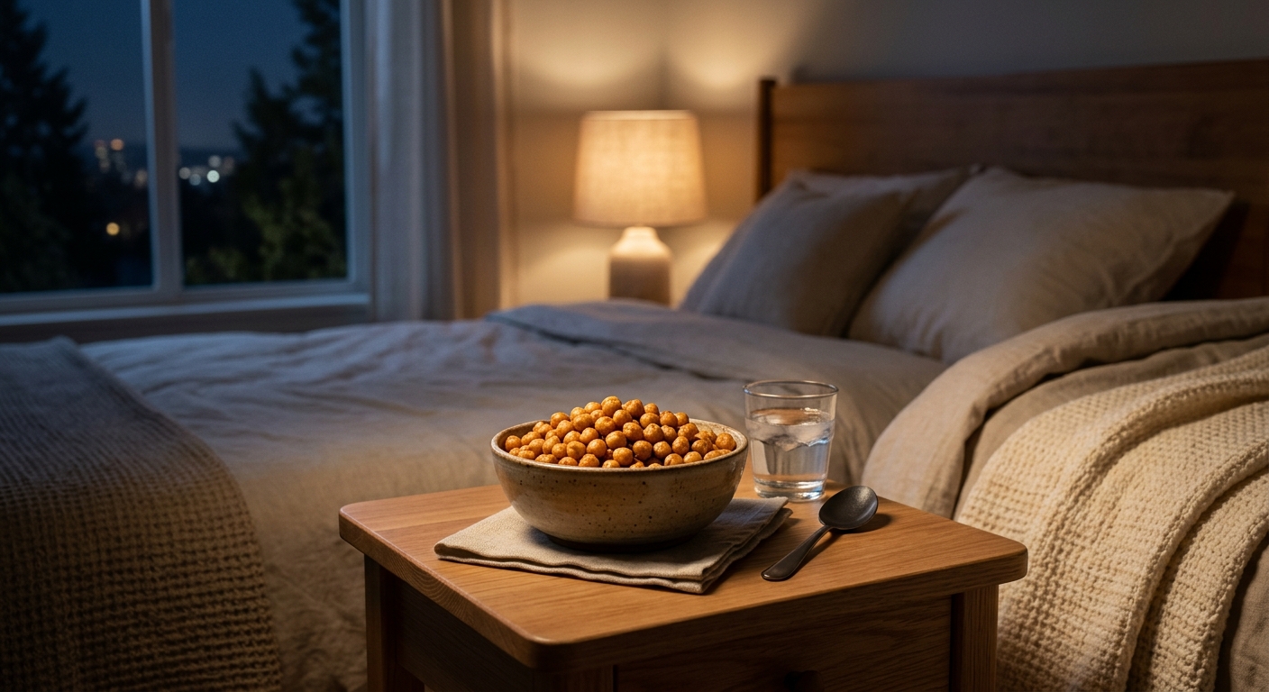 늦은 밤 건강한 간식을 고르기 위해 식탁 앞에서 고민하는 모습